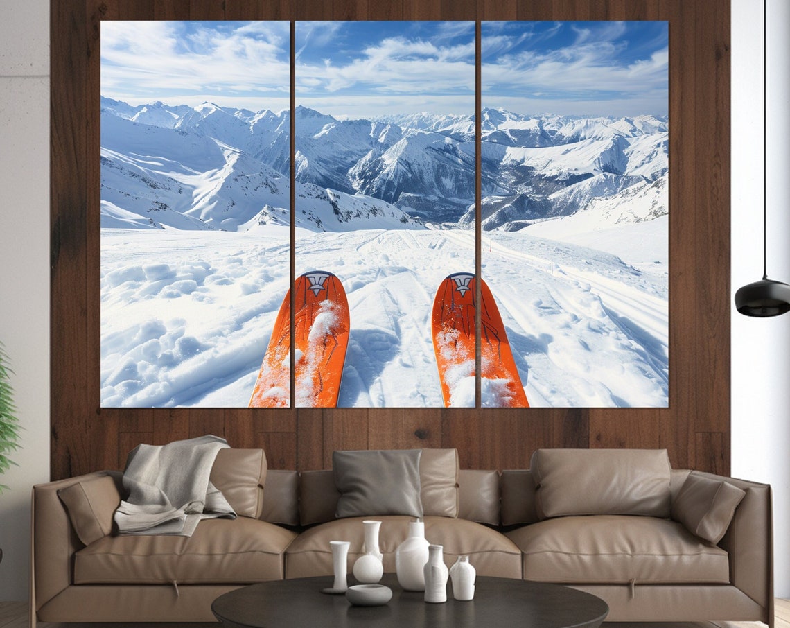 Orange Ski Tips Snowy Mountain Peaks First Person View Alpine Poster - Image 4