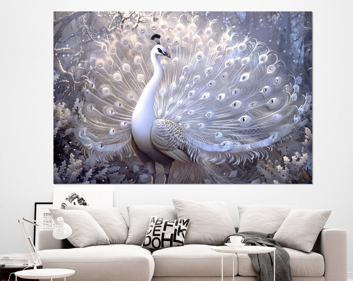 White Peacock Full Fanned Tail Snowy Forest Elegant Bird Wall Art
