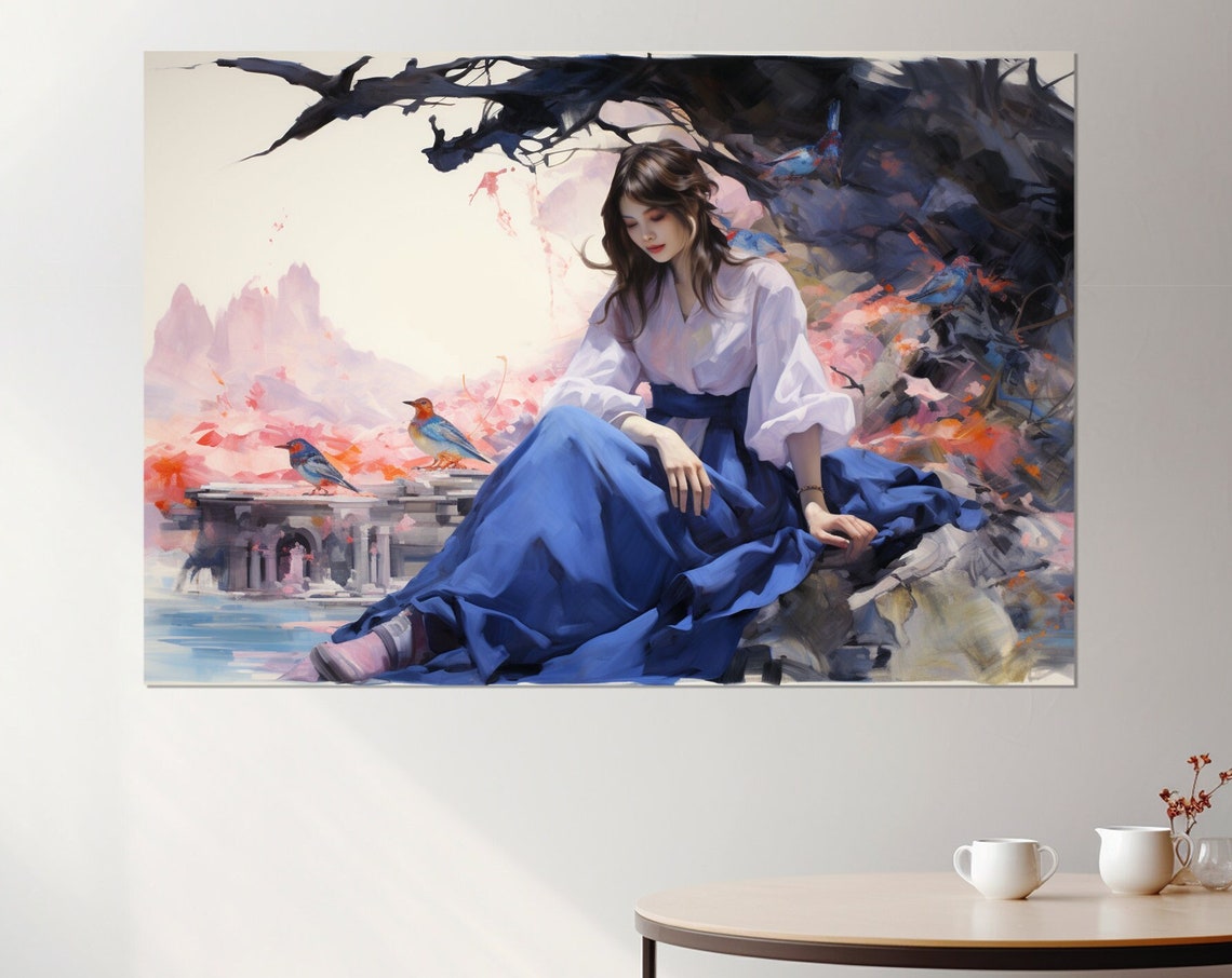 Japanese Beauty Blue Birds Blossom Garden Oriental Painting Poster