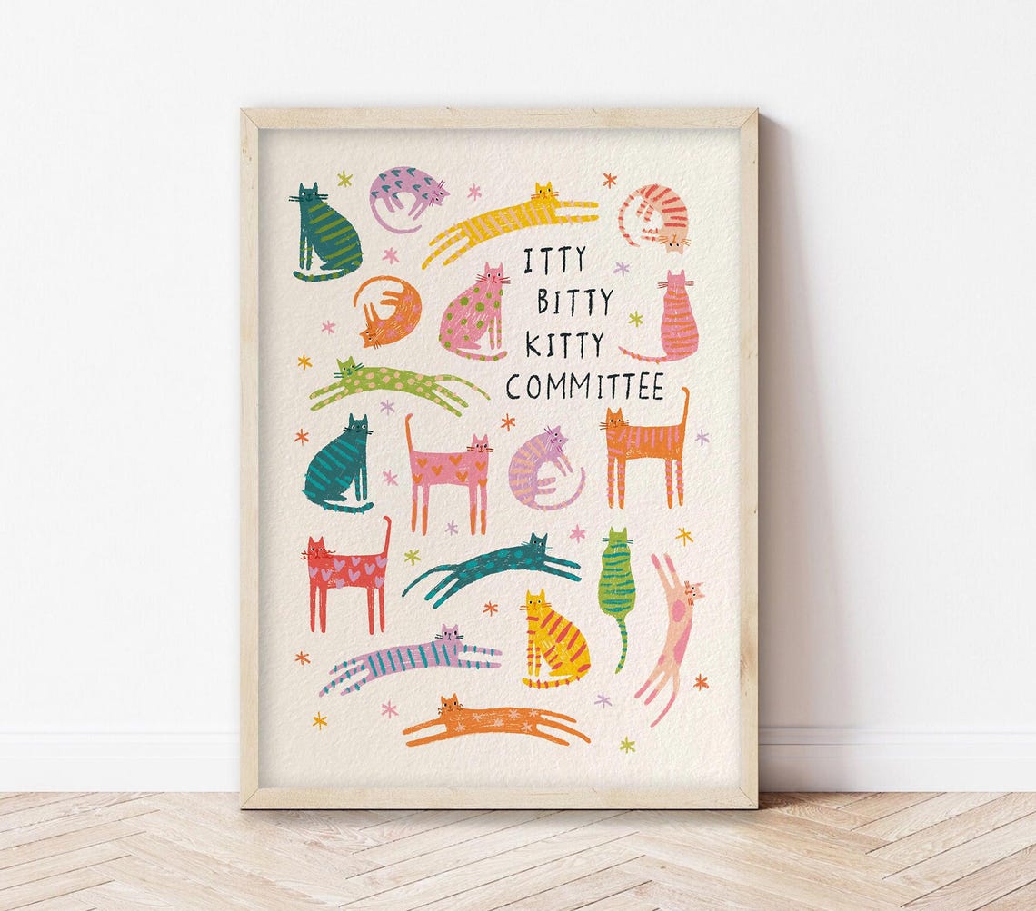 Itty Bitty Kitty Committee Colorful Cats Illustration Wall Art