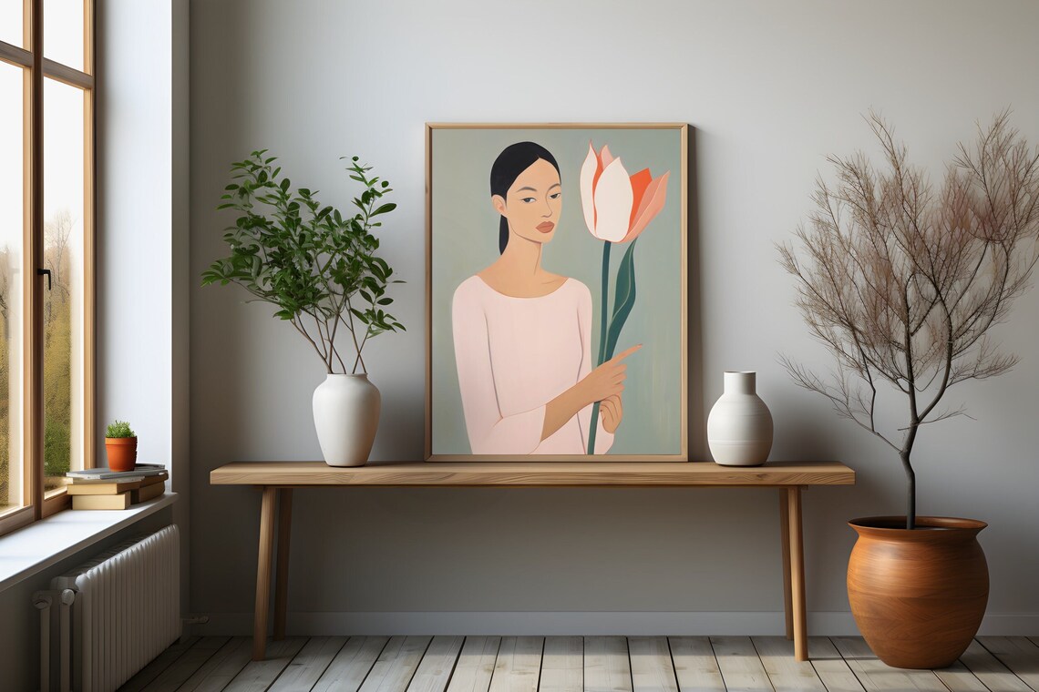 Minimalist Woman Beside a Tall Coral Tulip Sage Floral Art Poster