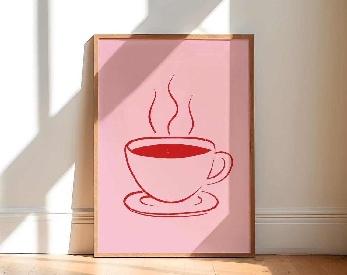 Red Line Coffee Cup Steaming Minimalist Kitchen Wall Decor Poster