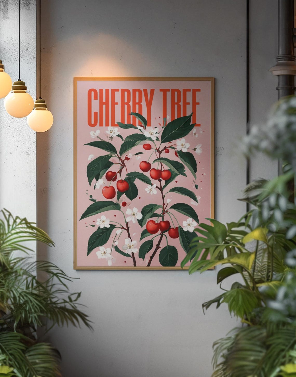 Cherry Tree Botanical Poster Ripe Cherries and Blossoms on Pink
