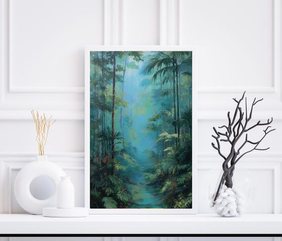Misty Rainforest Art Print Emerald Green Jungle Wall Decor