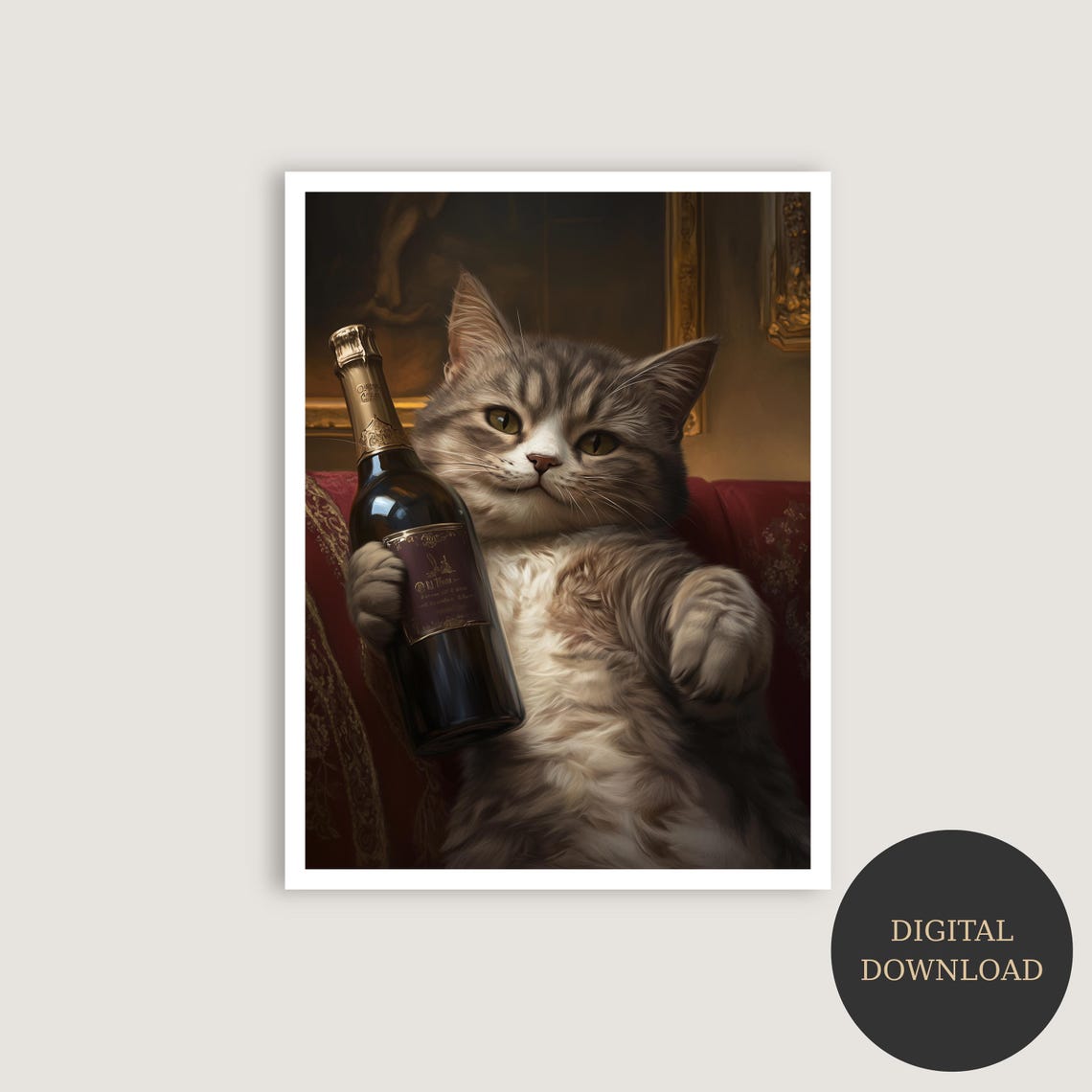 Sophisticated Tabby Cat Holding Wine Bottle Funny Art Poster
