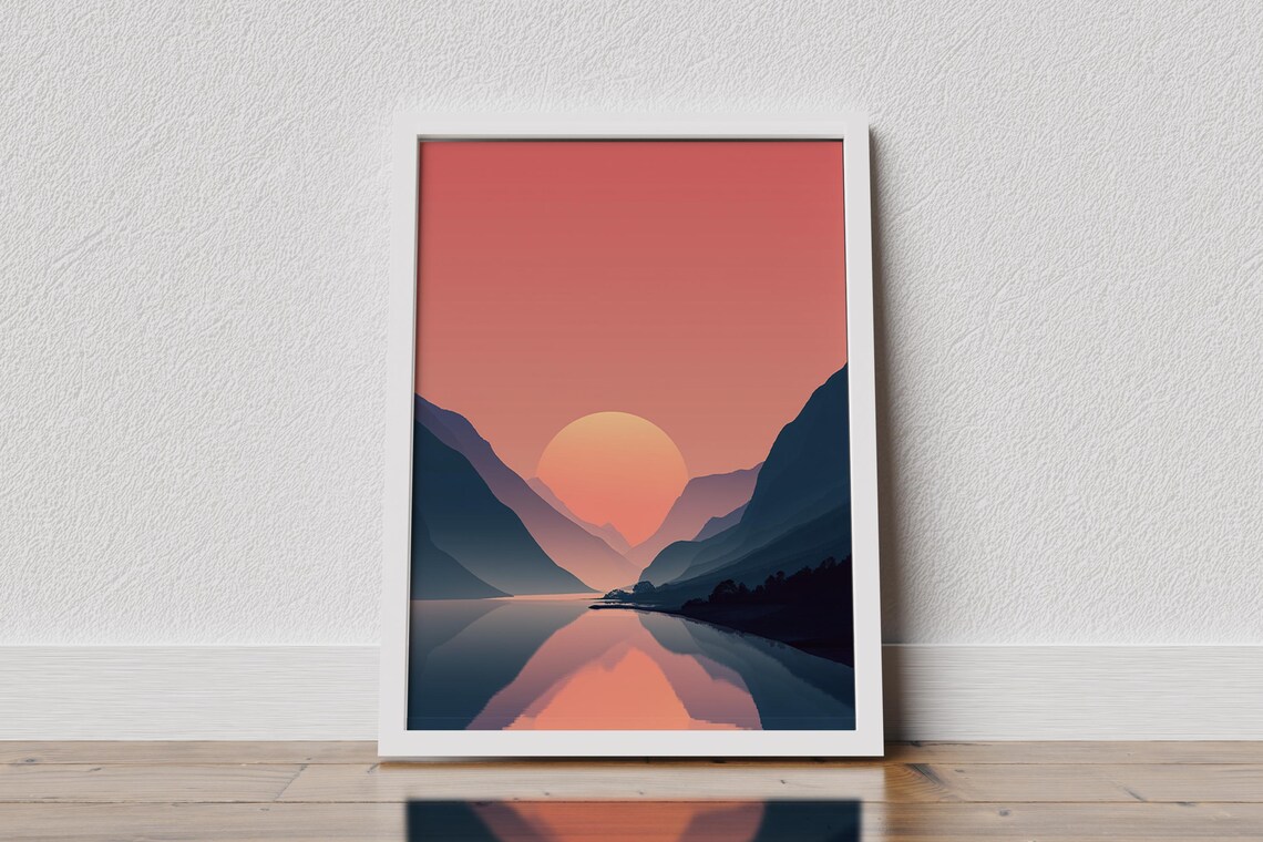 Minimalist Lake Mountain Sunset Coral Sky Reflection Art Poster