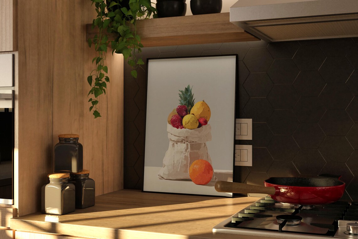Minimalist Paper Bag of Fresh Tropical Fruit Still Life Kitchen Poster