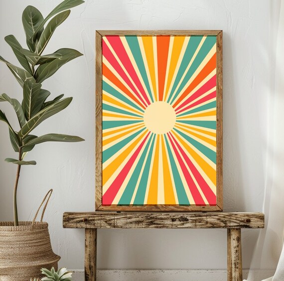 Boho Sun Art Print Sunshine Wall Art Retro Sunrise Dorm Wall Art Midcentury Modern Vintage Sun Ray Poster Airbnb Rental Decor