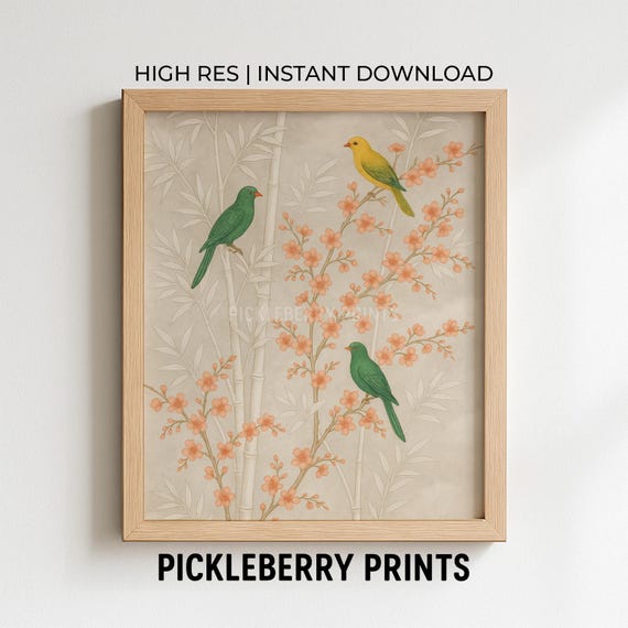 Chinoiserie Wall Art Vintage Birds And Flowers Print Instant Botanical Home Decor Nature