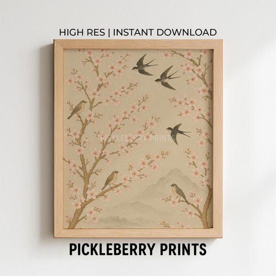 Chinoiserie Wall Art Vintage Birds And Flowers Print Instant Botanical Home Decor Nature