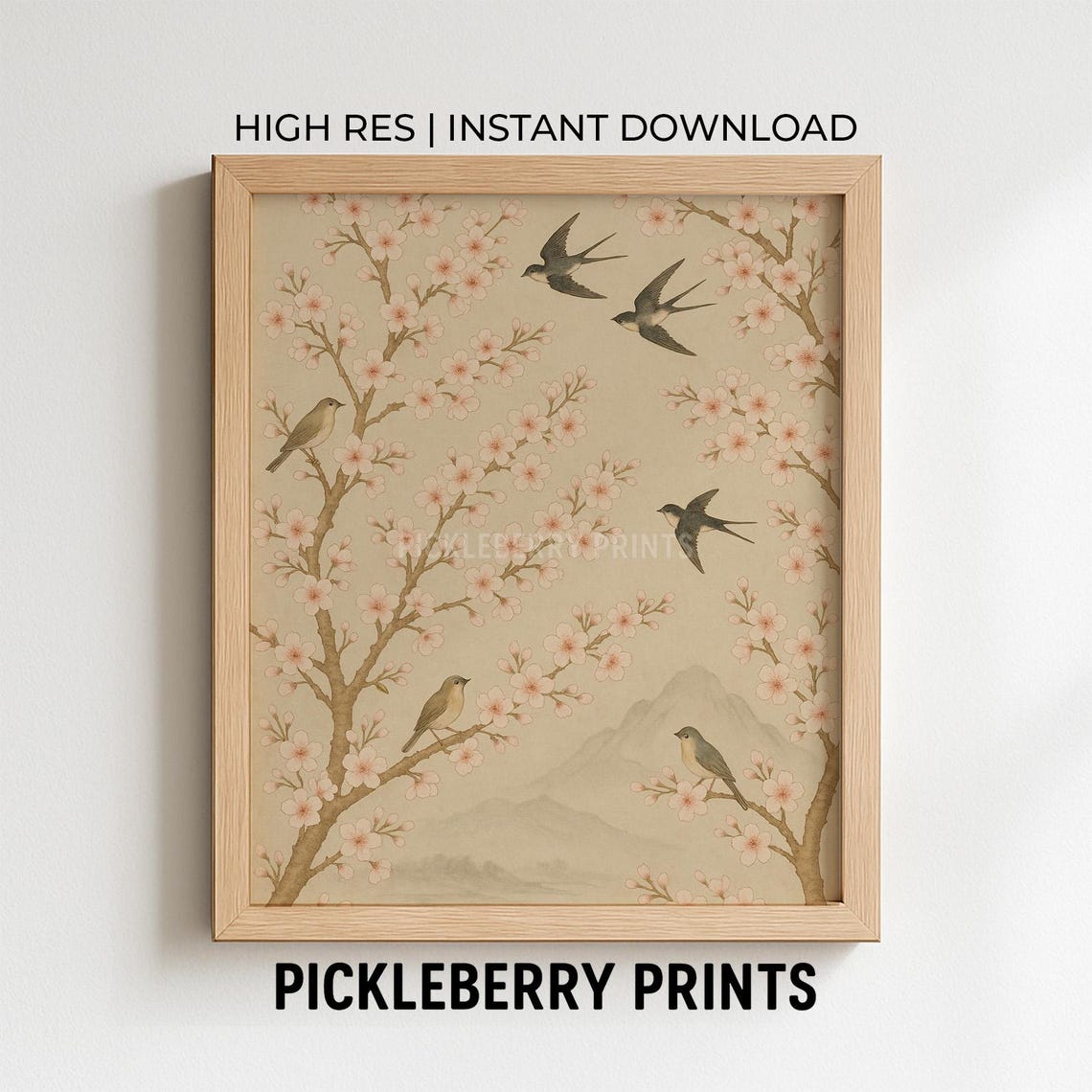 Vintage Chinoiserie Cherry Blossom Birds Swallows Oriental Poster