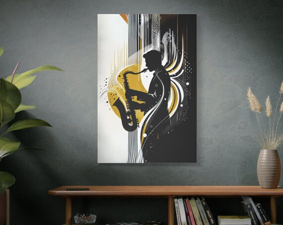 Jazz Saxophone Silhouette Gold Swirl Abstract Musician Wall Poster