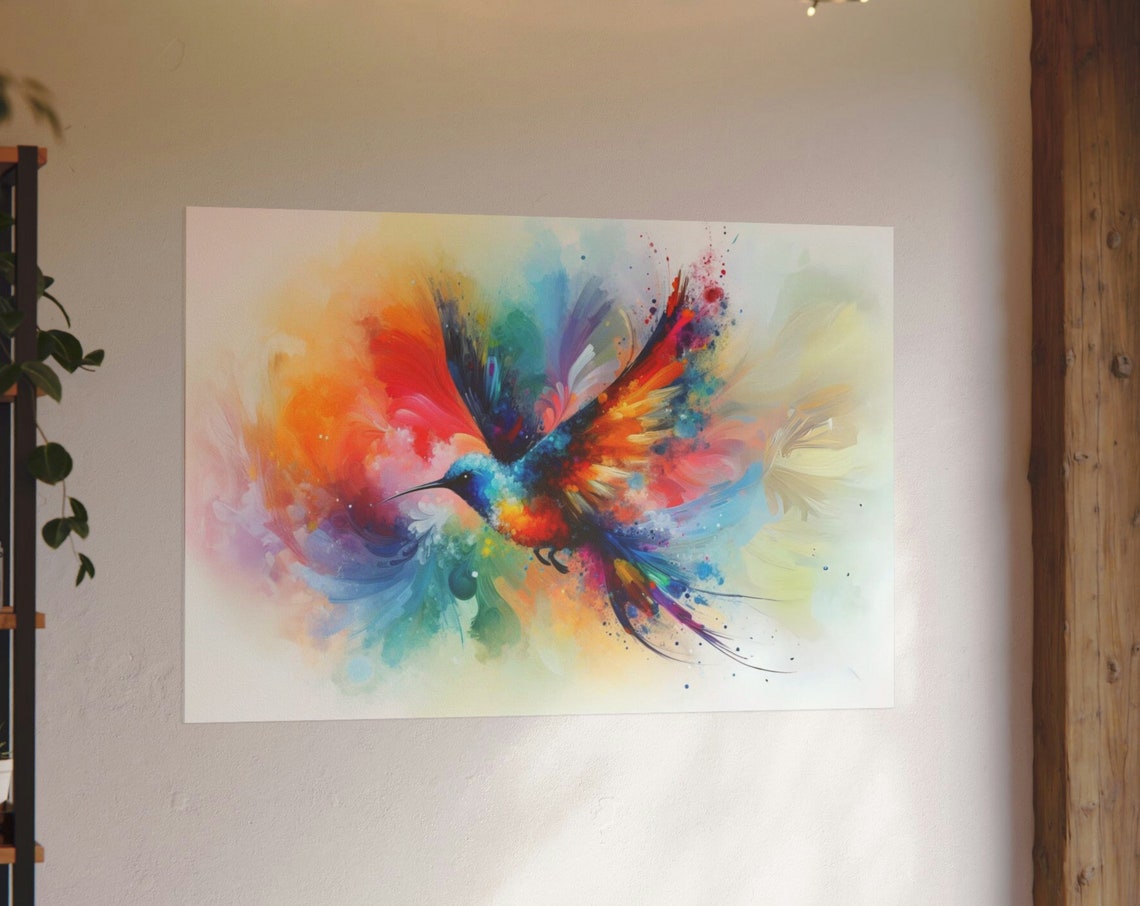 Vibrant Watercolor Hummingbird Flying Rainbow Splash Bird Art Poster