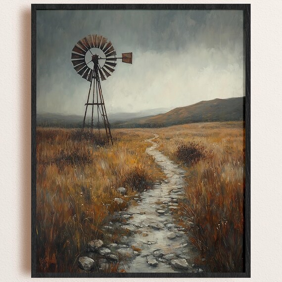Rustic Windmill Landscape Print Moody Sky Golden Field