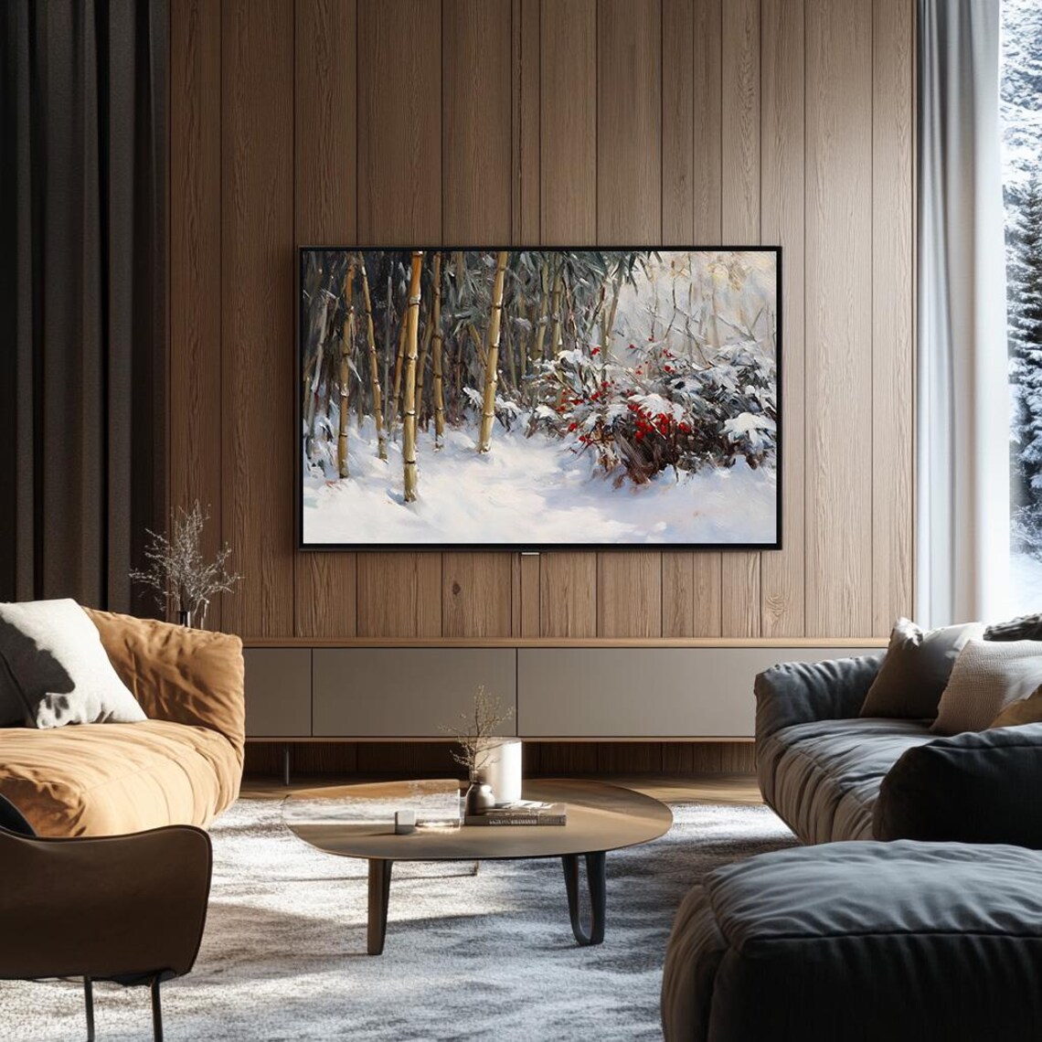 Snowy Bamboo Forest with Red Berry Bushes Japanese Winter Poster - Image 3