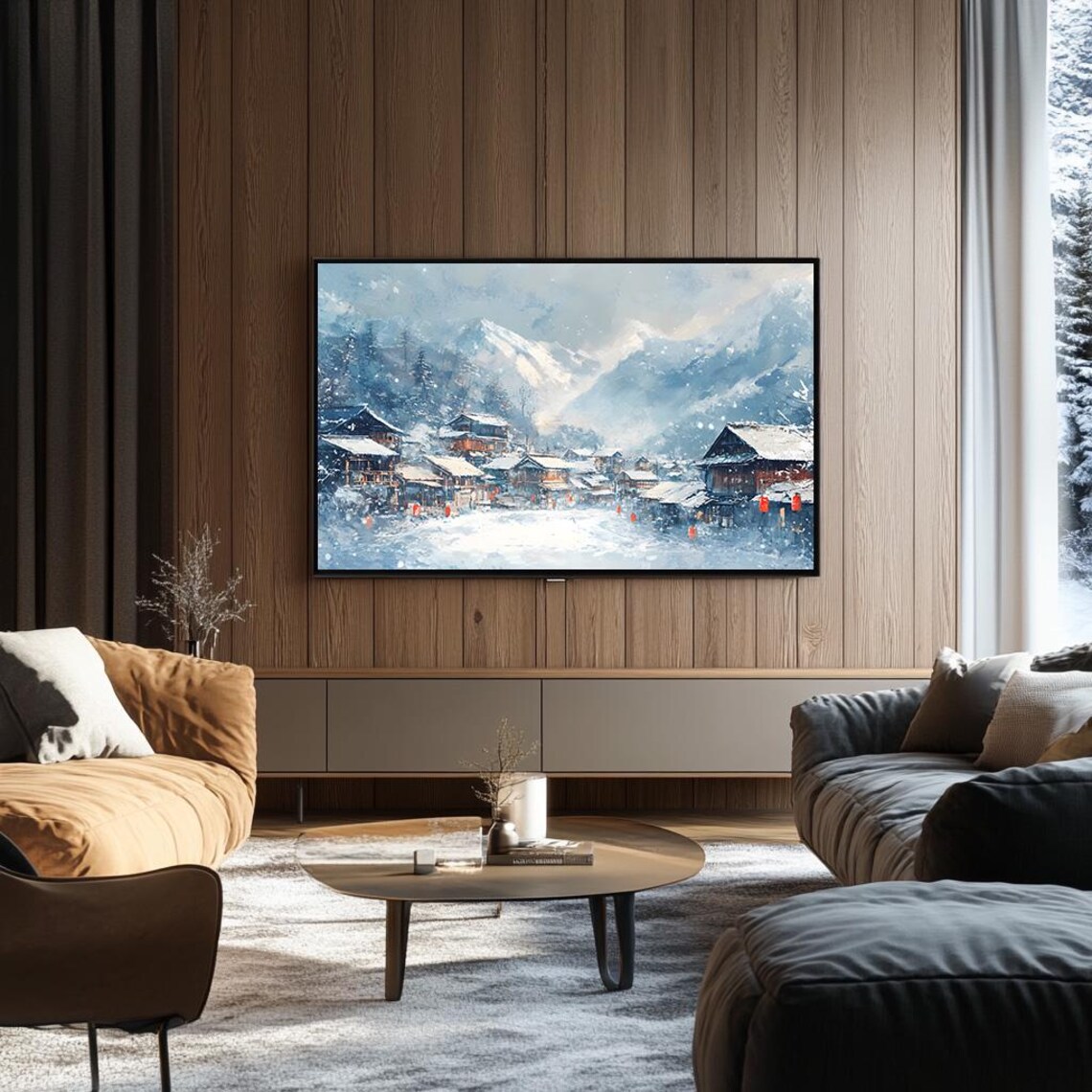 Snowy Mountain Village with Red Lanterns Japanese Winter Poster - Image 3