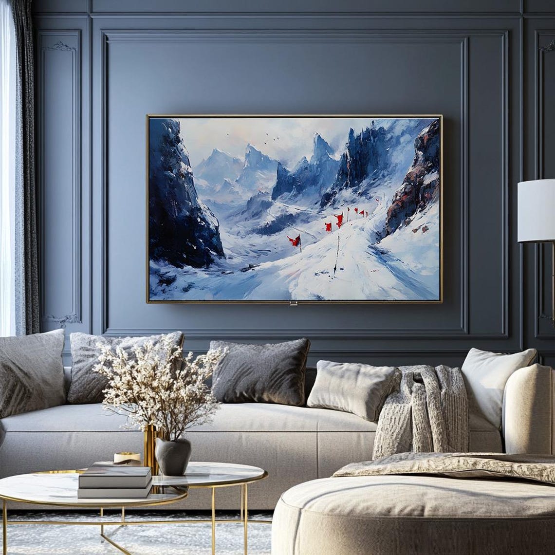Windblown Snowy Mountain Pass with Red Trail Flags Alpine Poster - Image 2