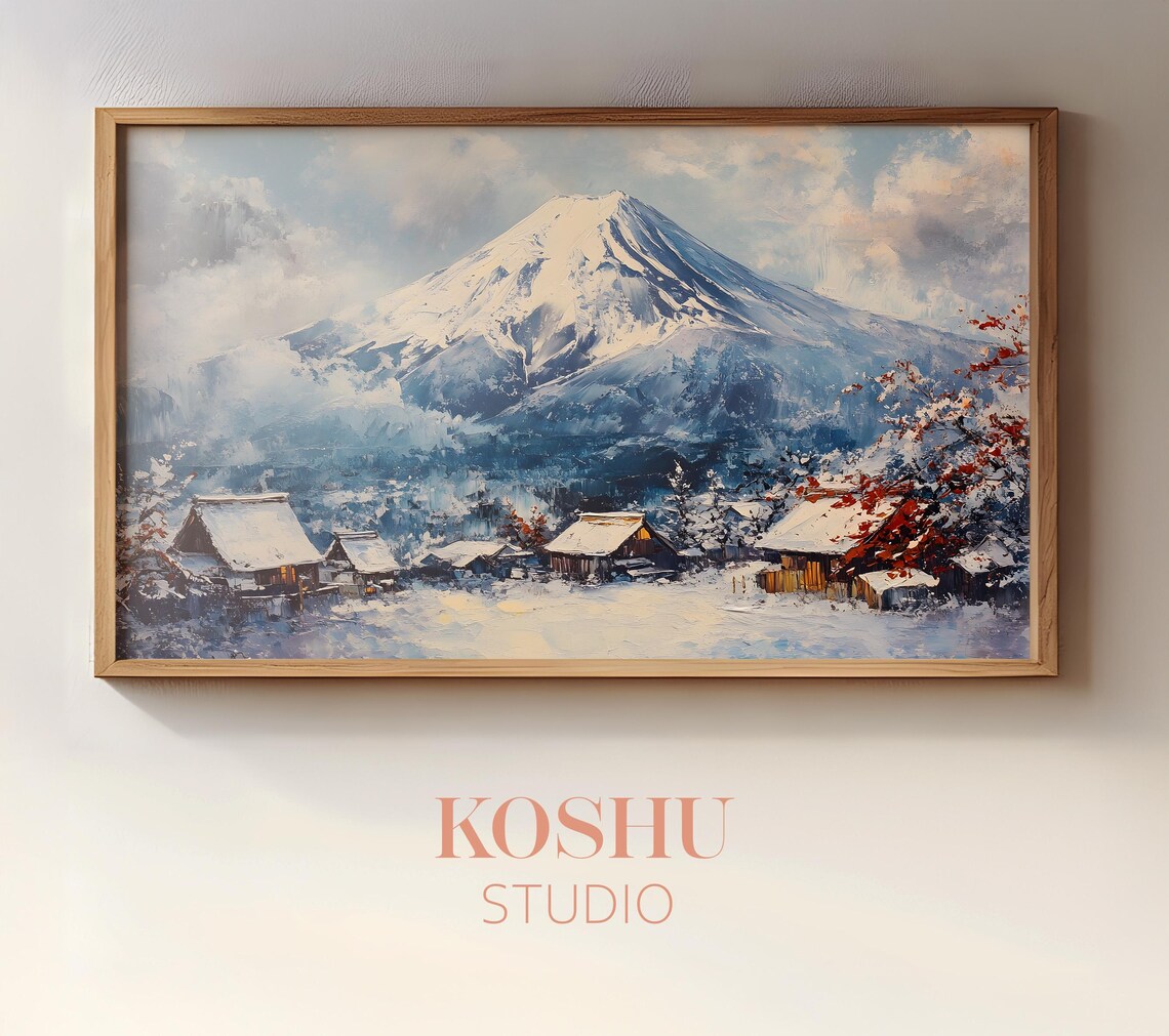 Mount Fuji Above a Snowy Village Japanese Winter Art Painting Poster