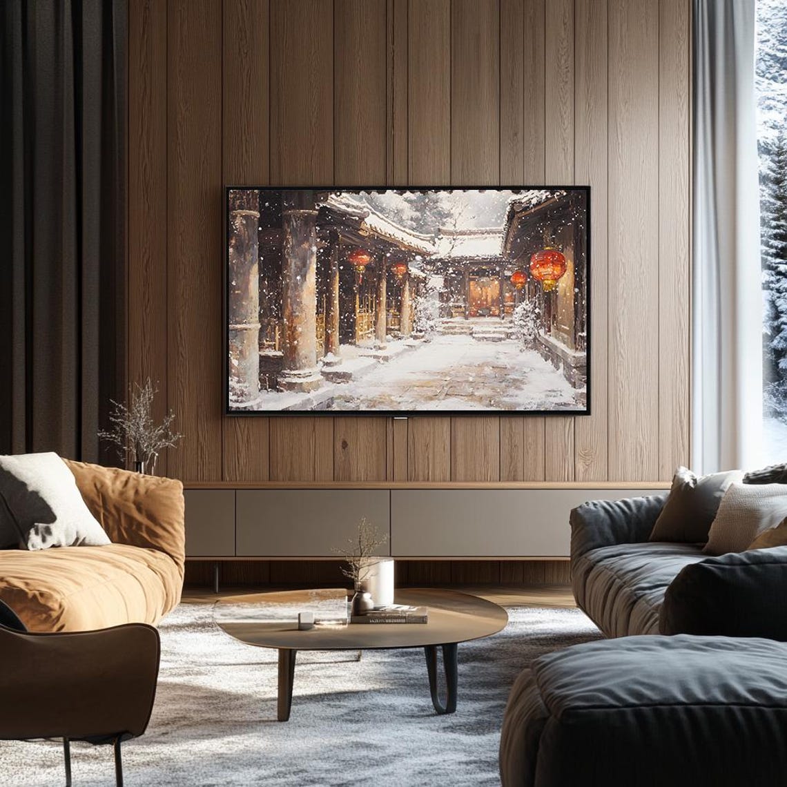 Temple Courtyard with Glowing Red Lanterns in Falling Snow Poster - Image 3