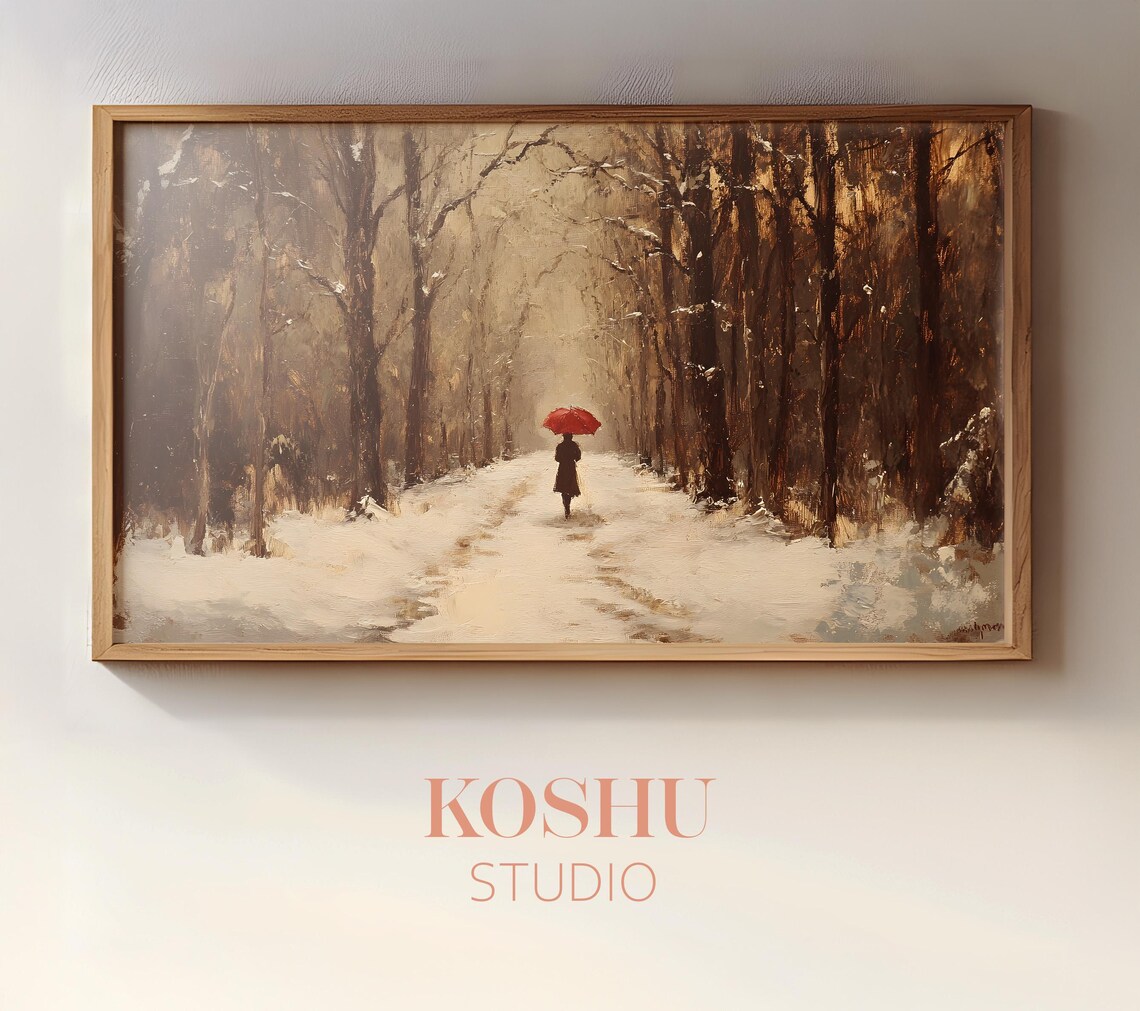 Solitary Figure with Red Umbrella on Snowy Forest Path Poster