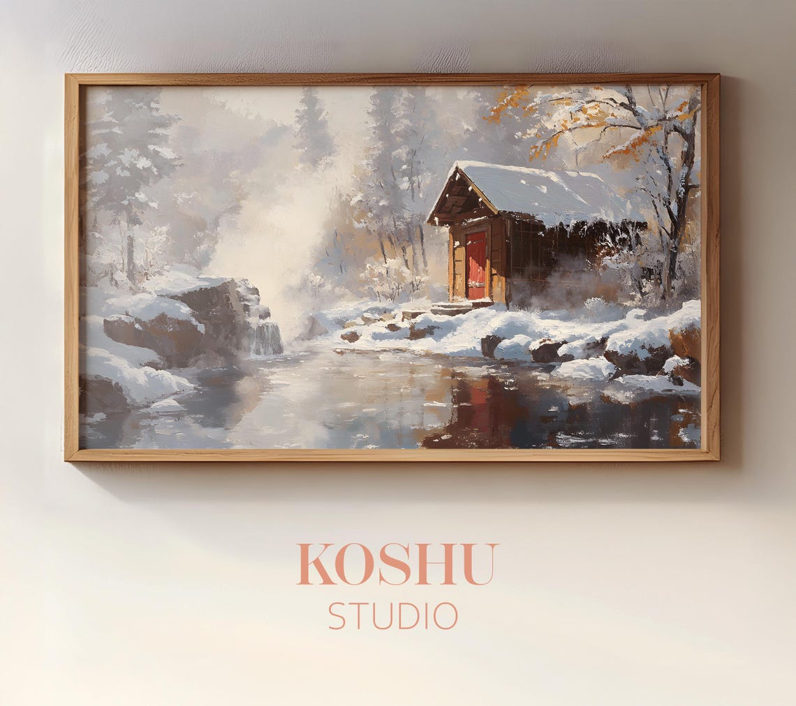 Snowy Riverside Cabin with a Red Door Japanese Winter Art Poster
