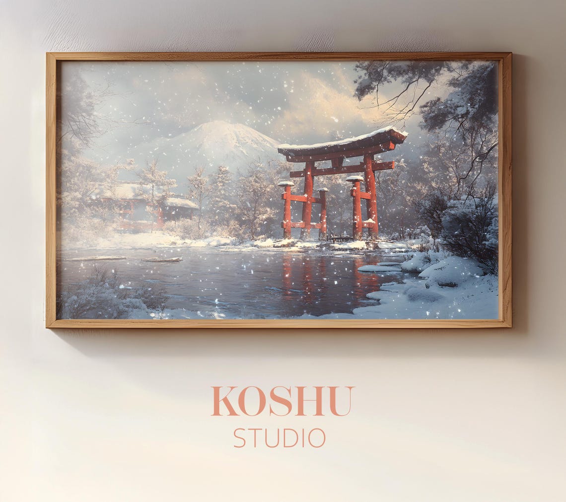 Red Torii Gate Before Snowy Mount Fuji Japanese Winter Poster
