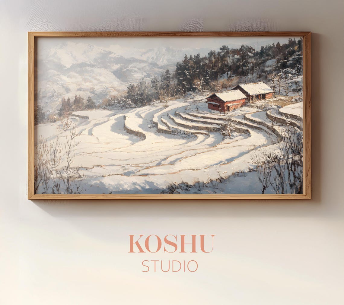 Snow Covered Terraced Hillside with Red Barns Winter Farm Poster