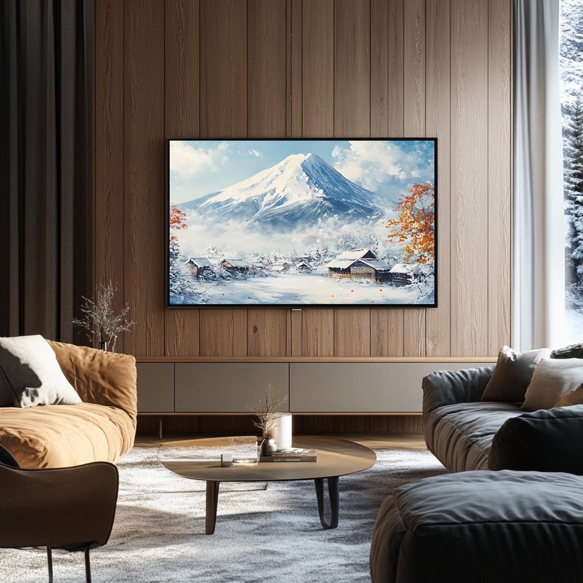 Snow Capped Mount Fuji Over a Winter Village Japanese Peak Poster - Image 3