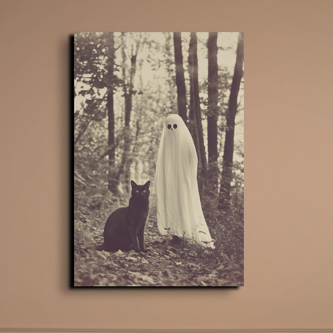 Sepia Ghost and Black Cat Standing Together in an Autumn Forest Poster