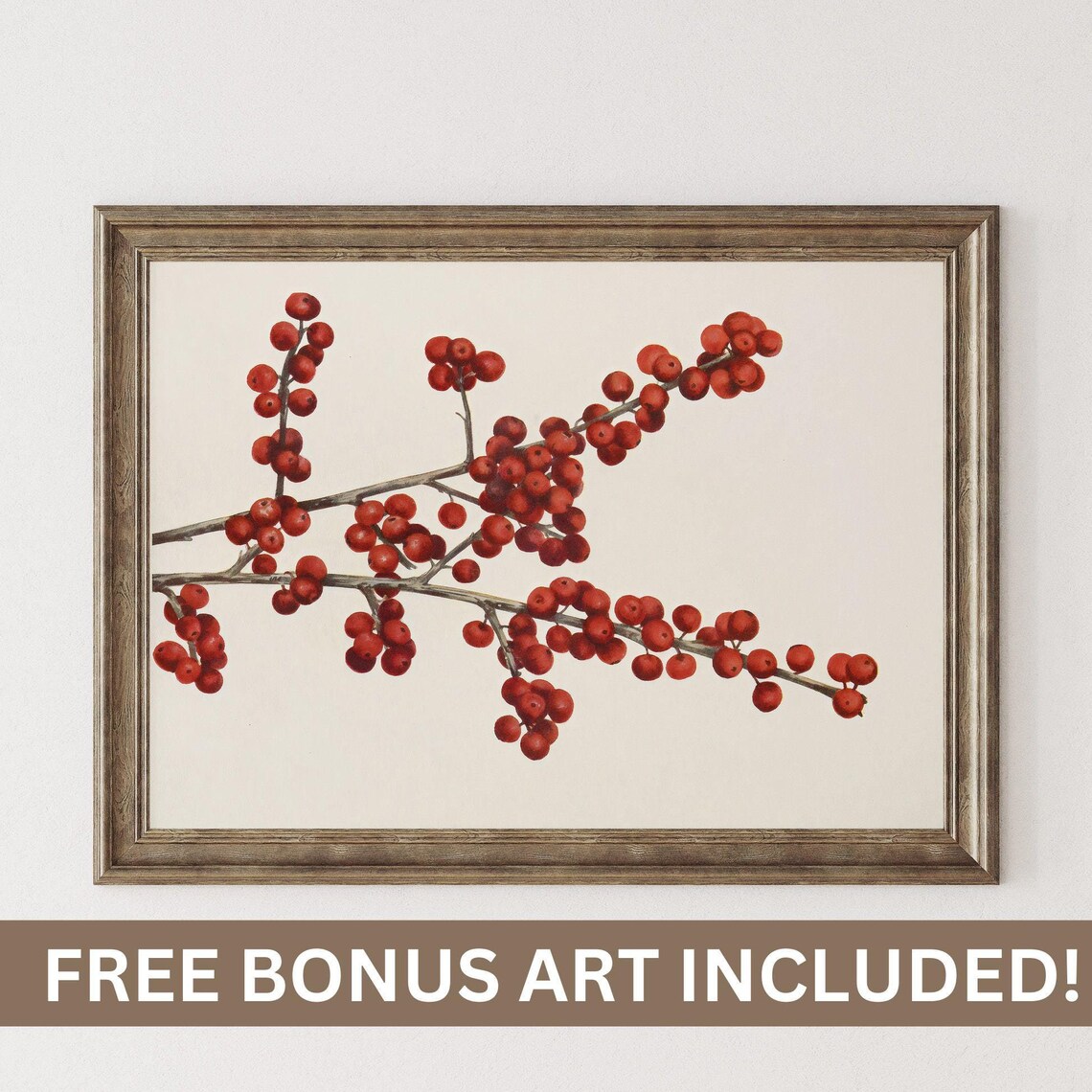 Red Winter Berry Branch Botanical Watercolor Holiday Art Poster