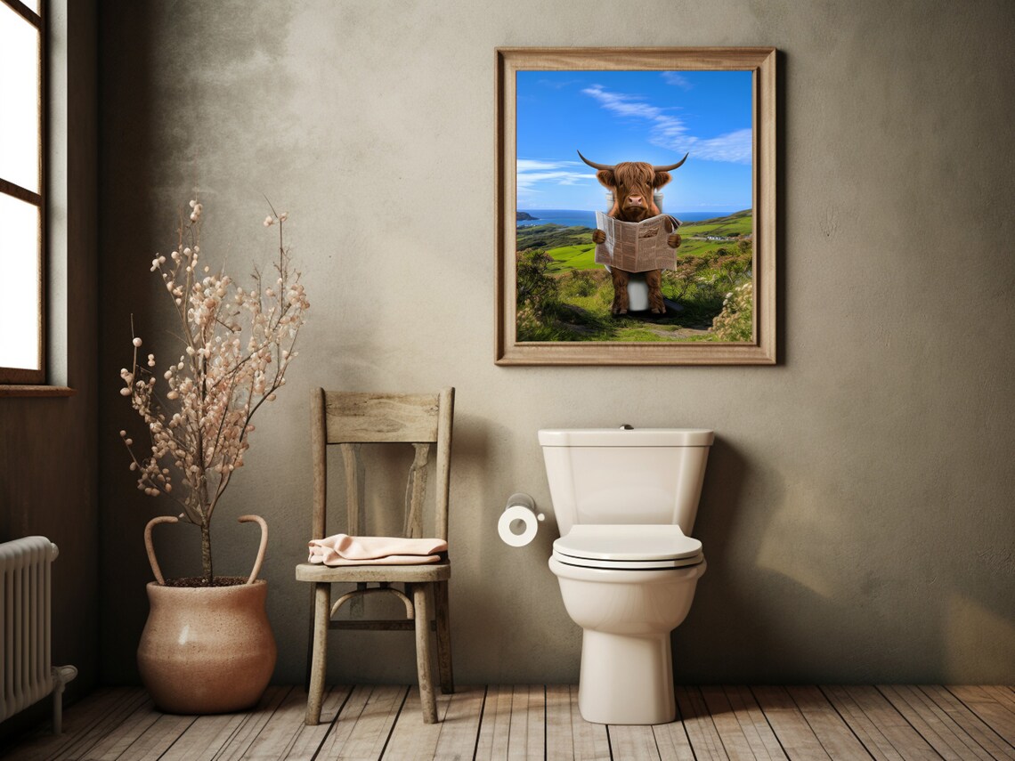 Highland Cow on a Toilet, Funny Bathroom Art Print - Image 2