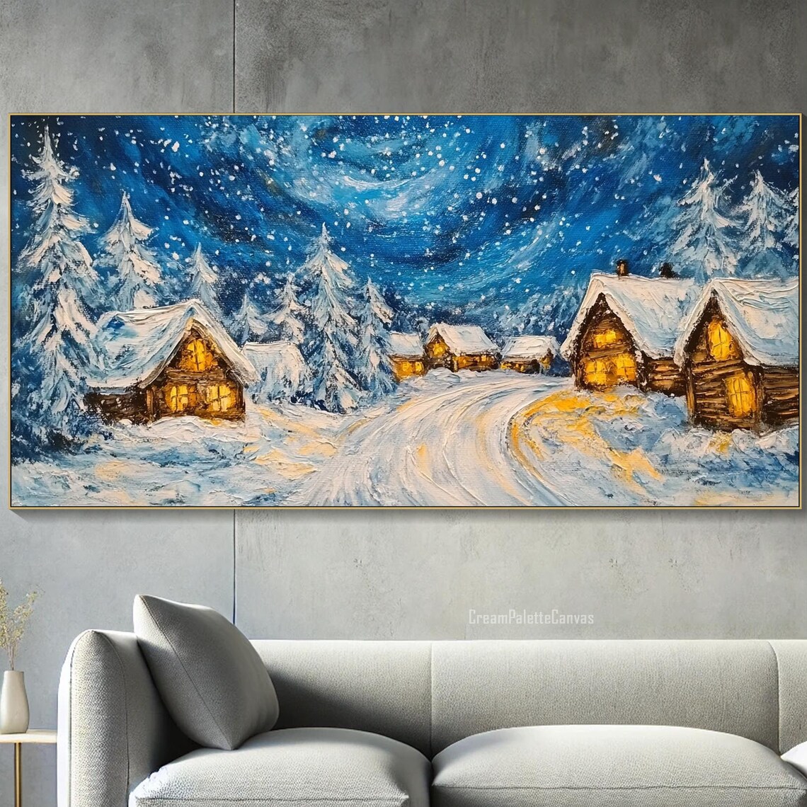Cozy Winter Village Textured Oil Painting On Snowy Night Scene Wall Art Lit Cabins Landscape Painting Large Winter Living Room Decor
