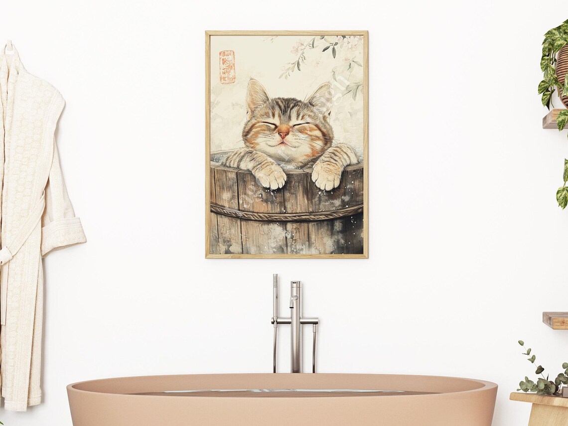 Tabby Cat in Wooden Barrel Bath Poster Japanese Watercolor Art - Image 2
