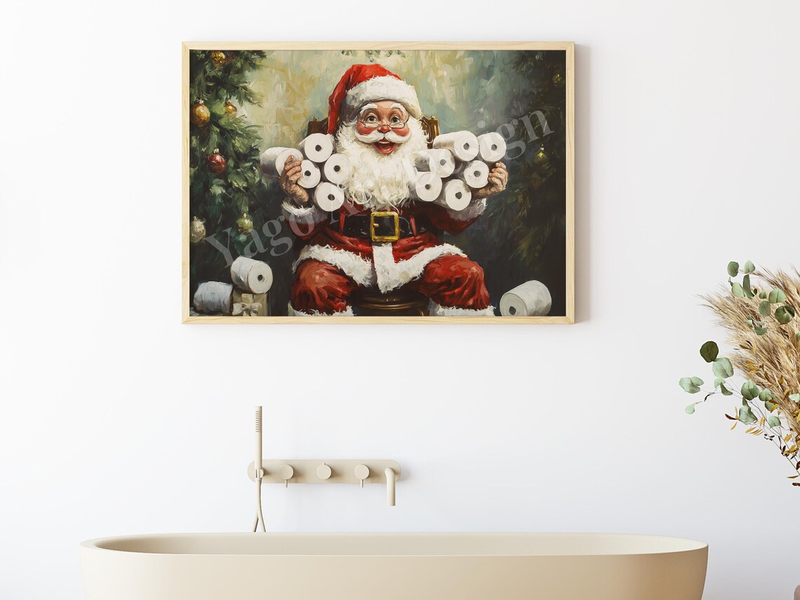 Funny Santa on Toilet with Toilet Paper Christmas Bathroom Poster - Image 3