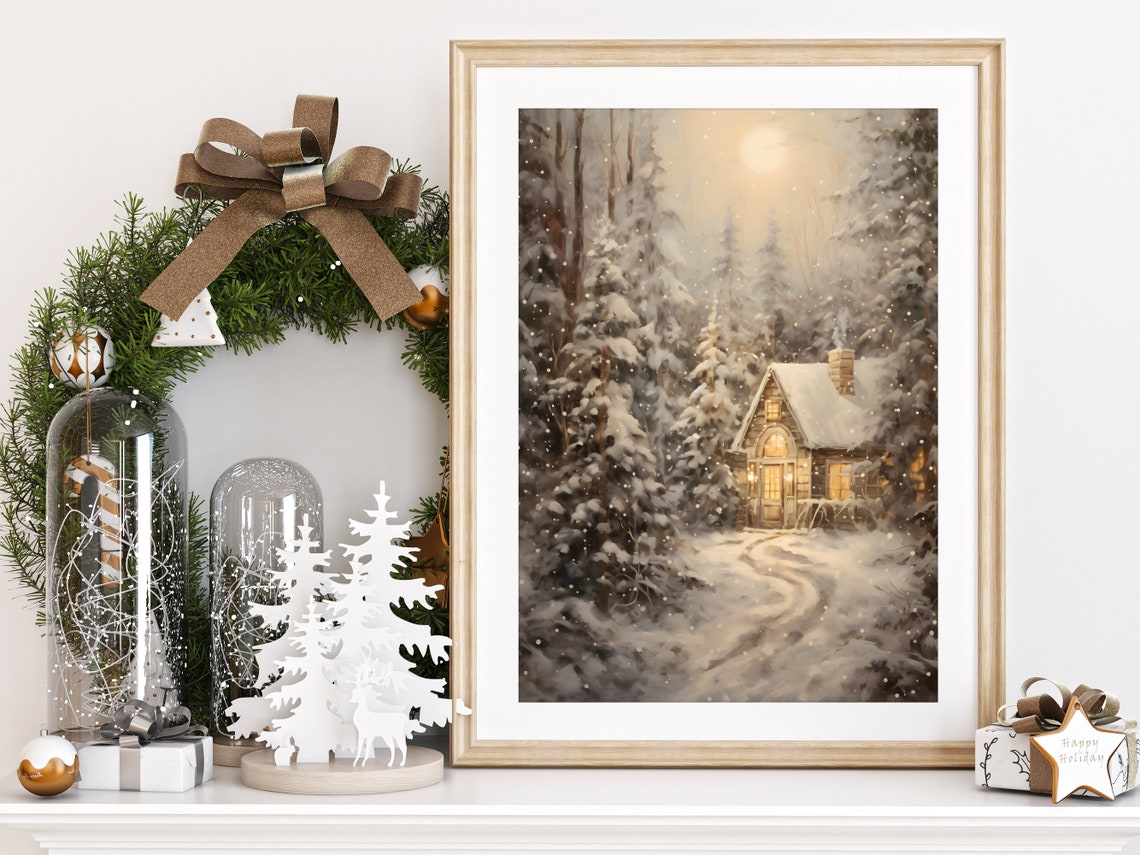 Cozy Cabin in Snowy Forest at Dusk Winter Landscape Wall Art - Image 3
