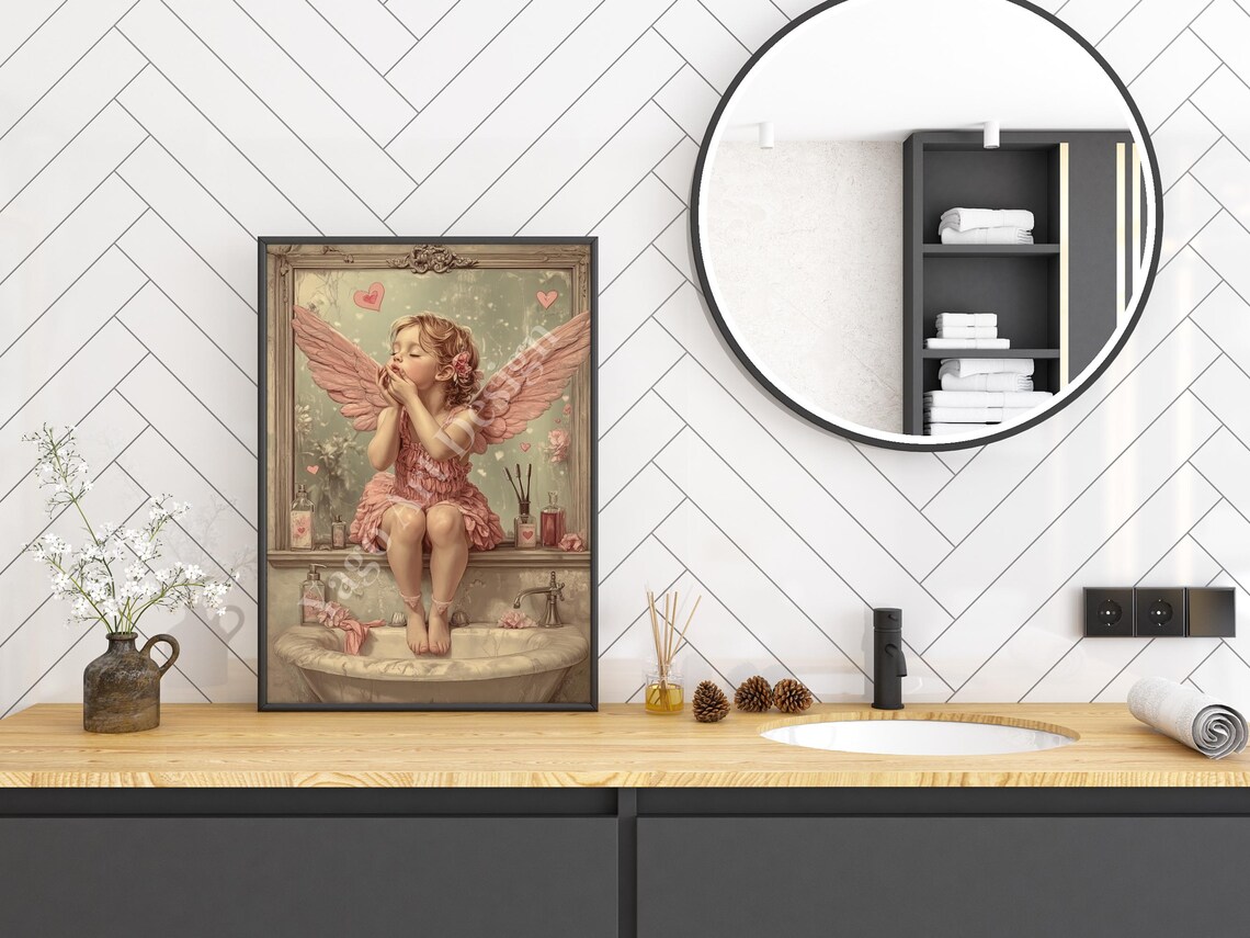 Pink Angel Girl Blowing Kisses Vintage Vanity Bathroom Poster - Image 2
