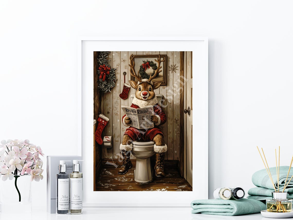 Rudolph on Toilet Reading Newspaper Poster Funny Christmas Decor - Image 4