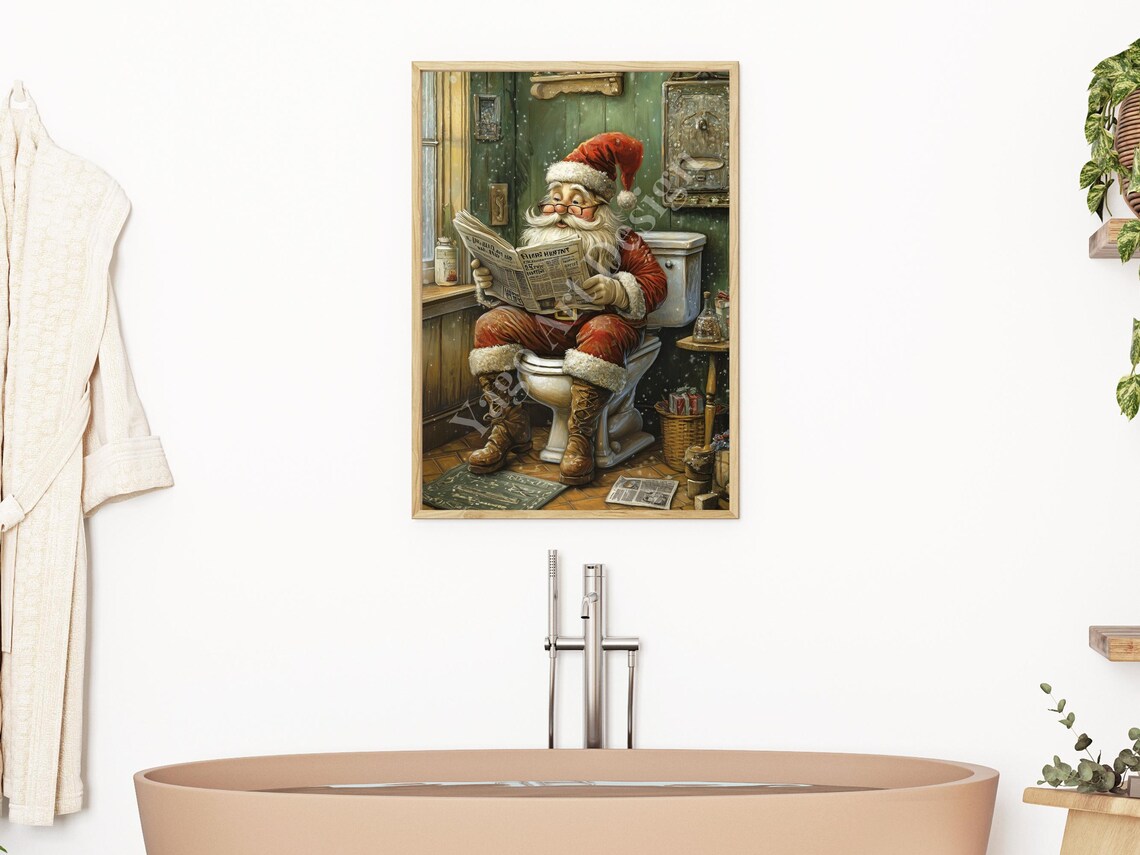 Santa Claus Reading Newspaper on Toilet Rustic Christmas Art Poster - Image 2