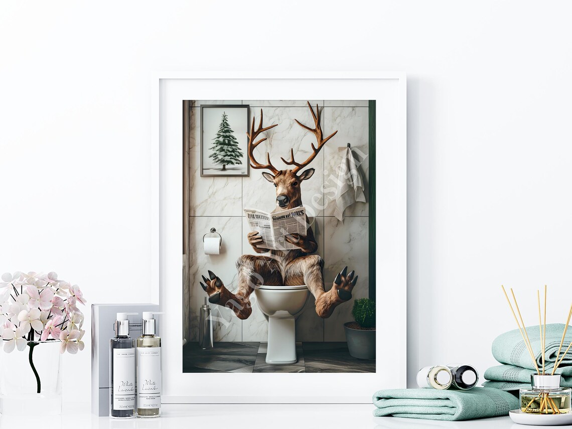Funny Reindeer Reading Newspaper on Toilet Christmas Bathroom Poster - Image 4