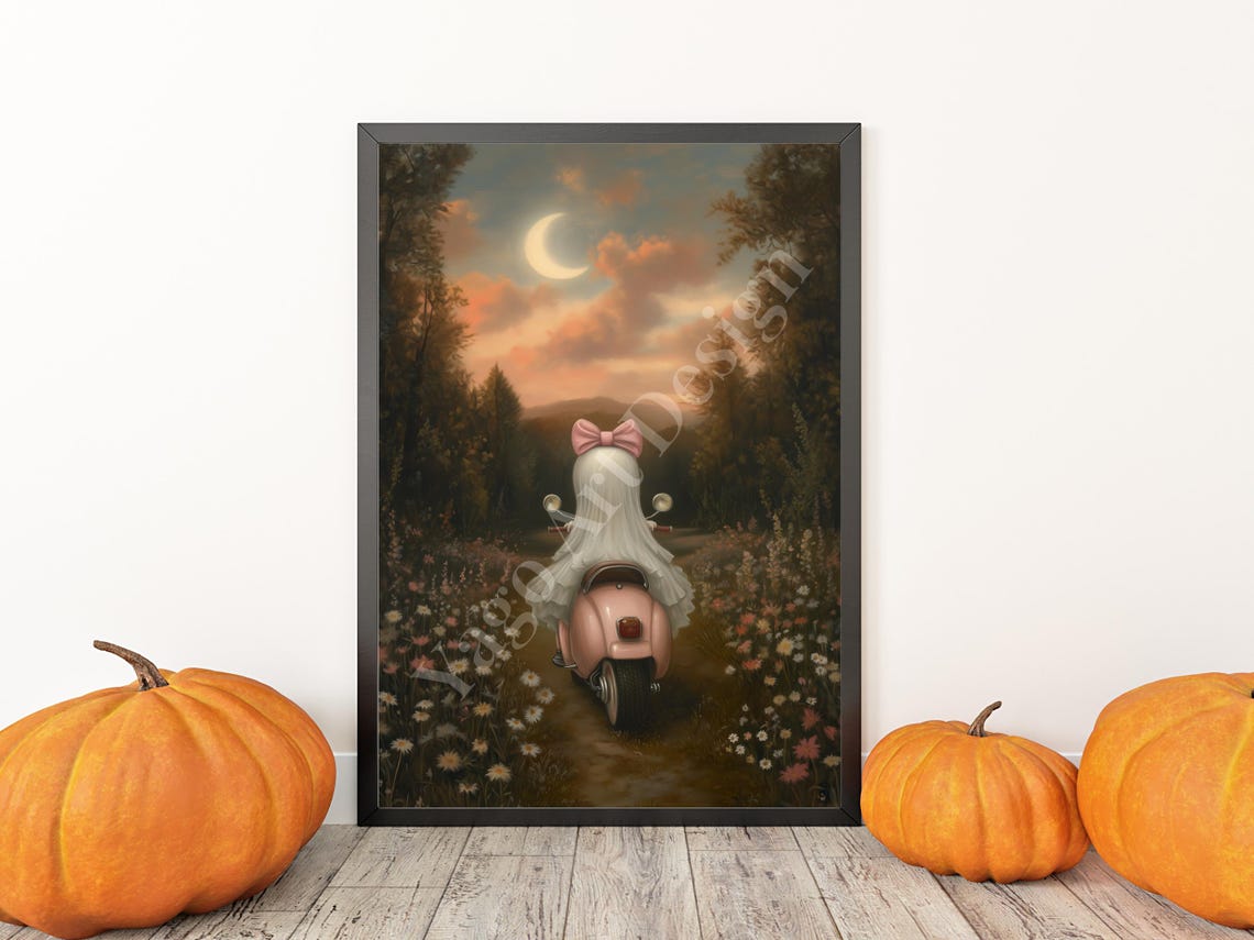 Cute Ghost with Pink Bow Riding Scooter on Forest Path Art Poster - Image 3