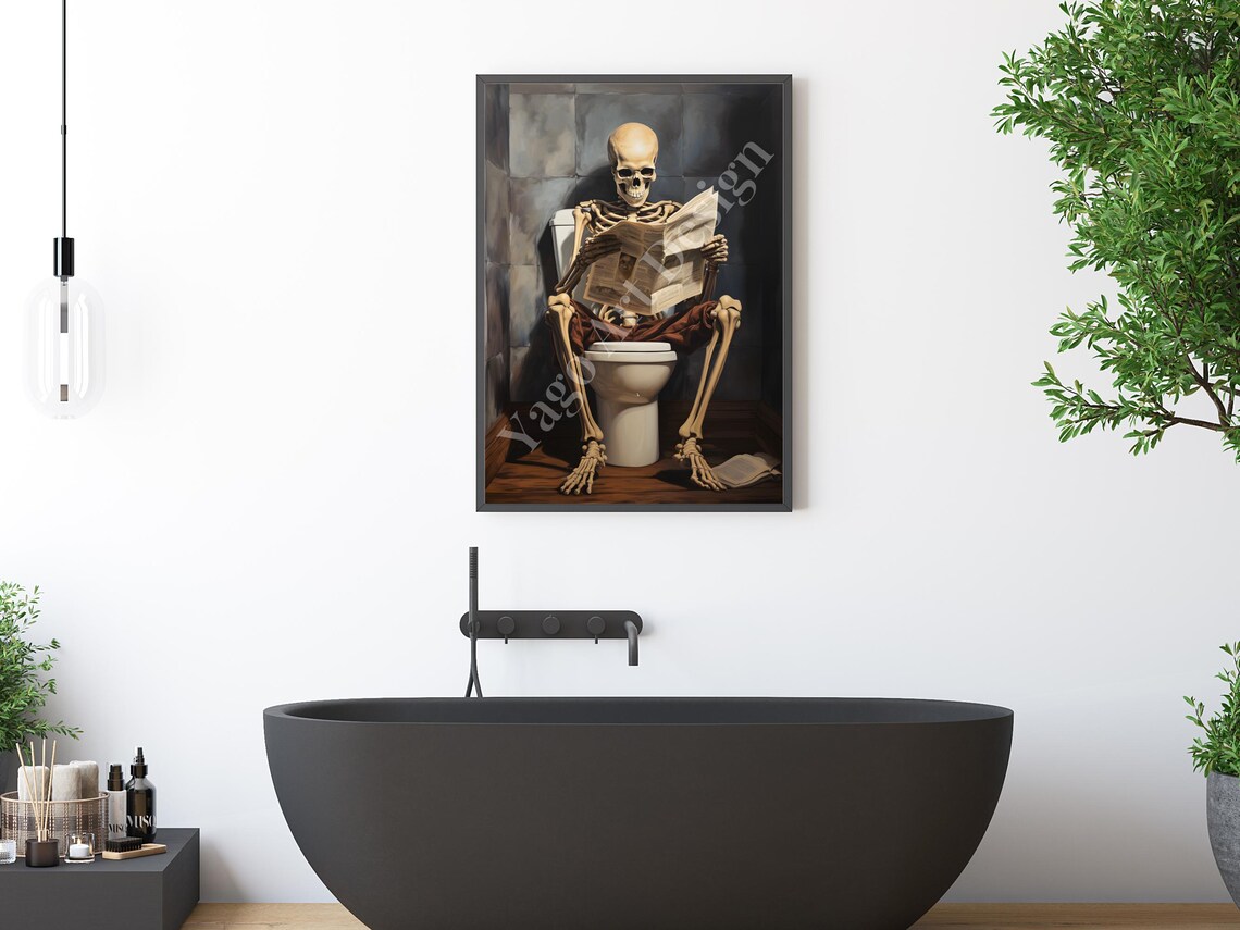 Skeleton On Toilet Reading Newspaper Funny Gothic Bathroom Poster - Image 2