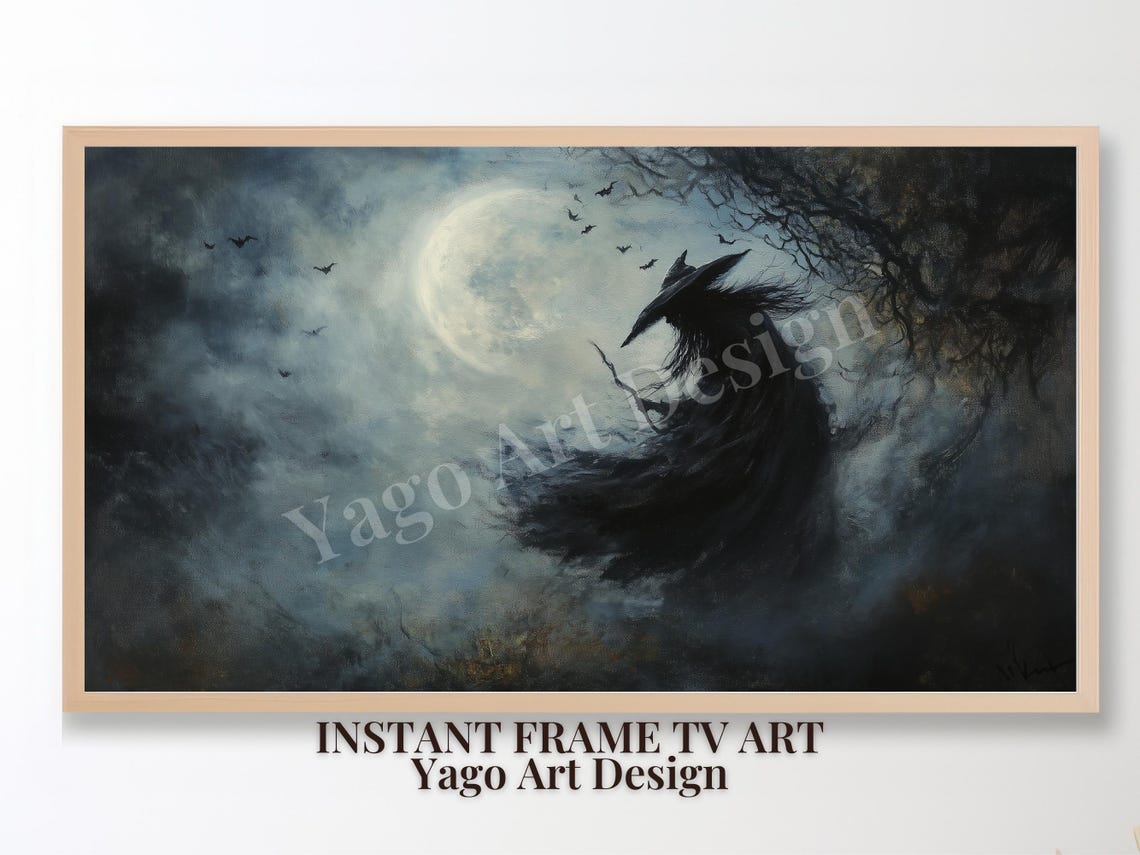 Witch Silhouette under Full Moon with Bats Spooky Halloween Poster