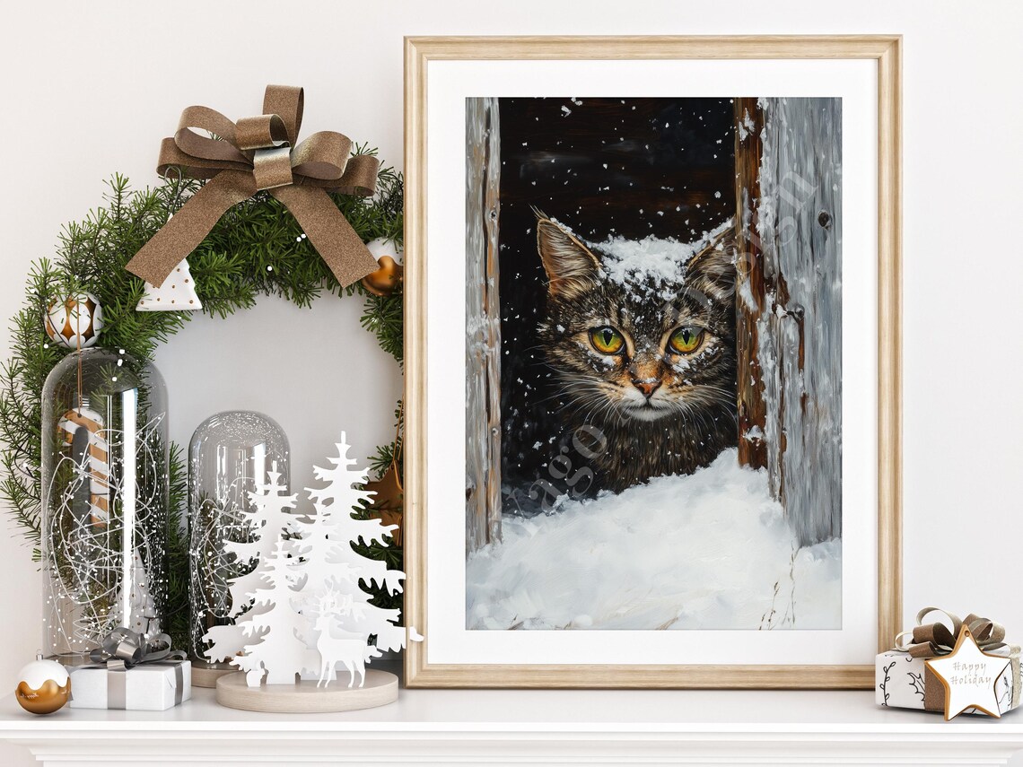 Tabby Cat in Falling Snow Moody Winter Oil Painting Art Poster - Image 2