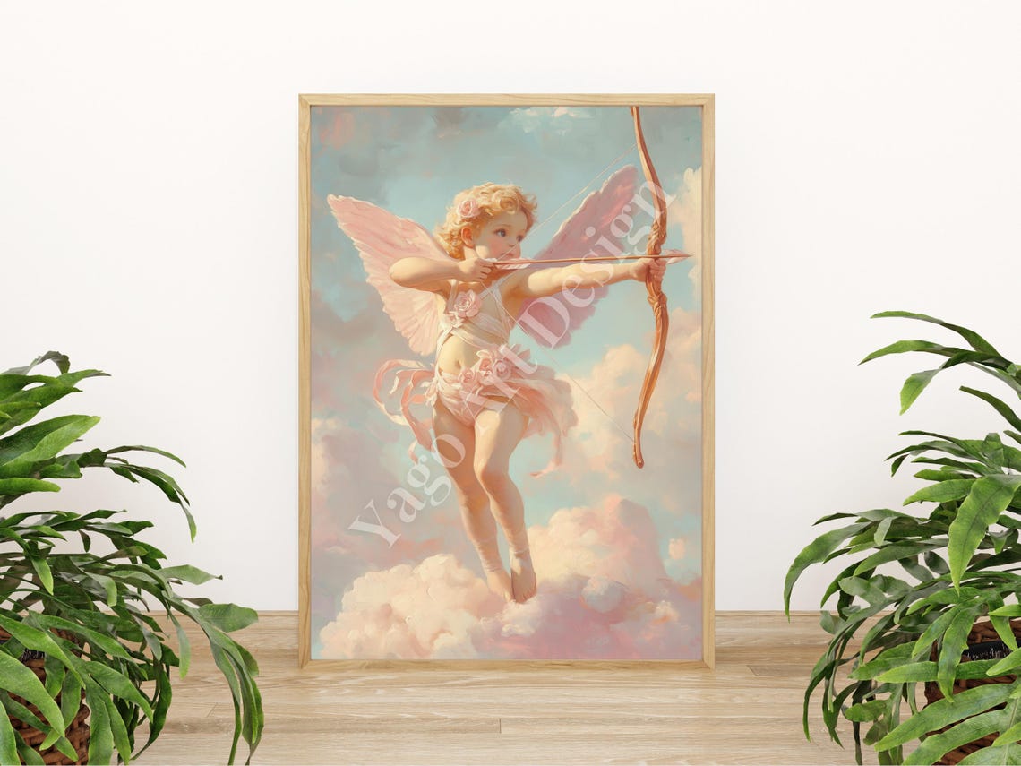 Cupid With Bow And Arrow Flying Pastel Clouds Valentine Poster - Image 3