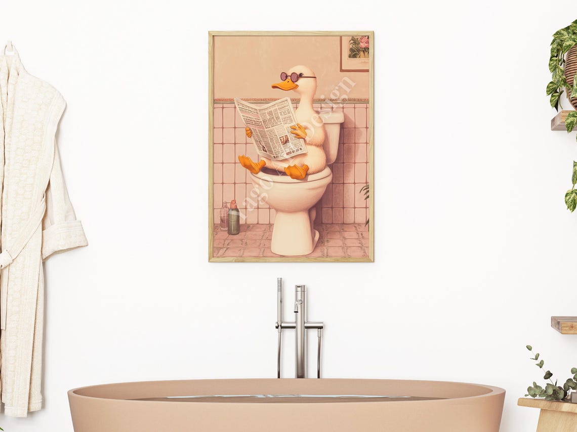 Duck Wearing Pink Sunglasses Reading Newspaper Funny Bathroom Poster - Image 2