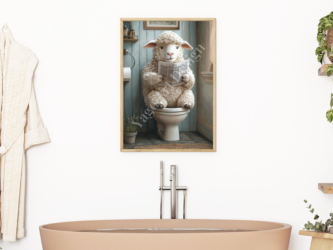 Lamb Reading Newspaper on Toilet Poster Funny Farmhouse Bathroom - Image 2