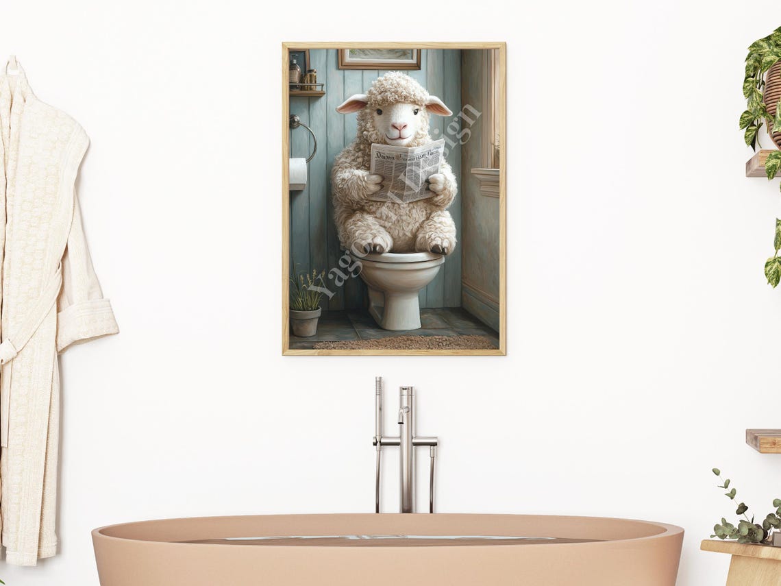 Lamb Sitting On Toilet Art Print Funny Bathroom Print Animal On Toilet Poster Whimsy Animal Decor Modern Fine Animal On Toilet Painting - Image 2