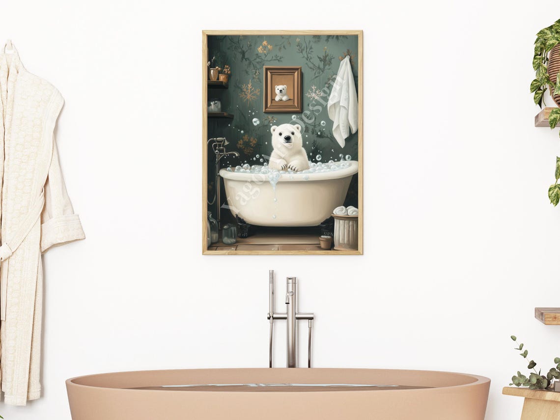 Polar Bear Cub in Bubble Bath Poster Winter Nursery Decor Art - Image 2