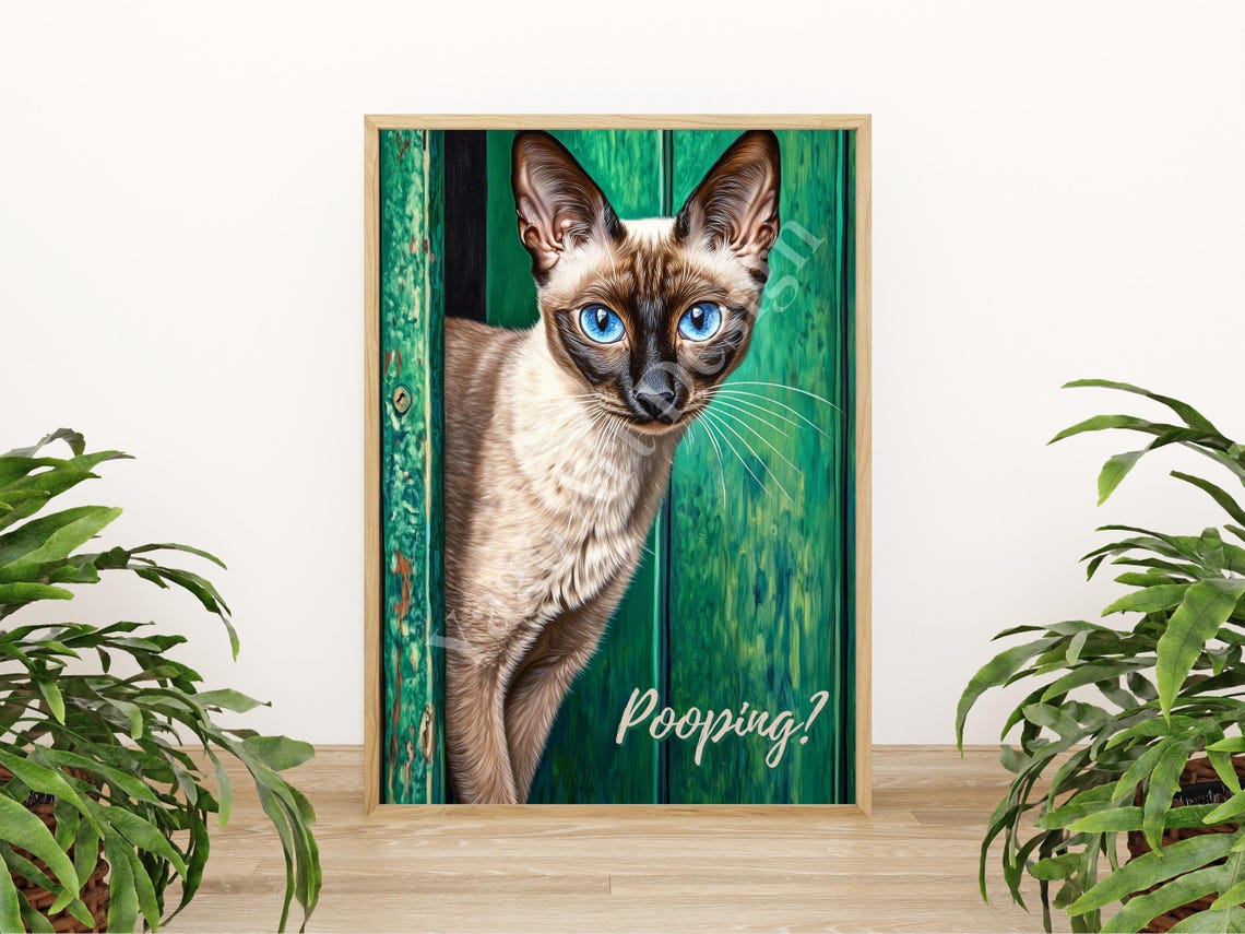 Siamese Cat Peeking Behind Door Pooping Funny Bathroom Poster - Image 4