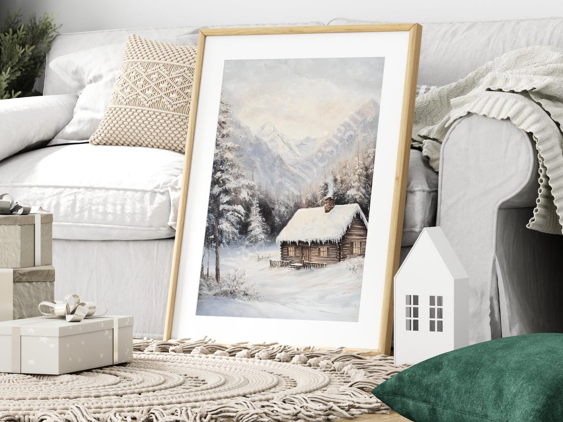 Snowy Winter Cabin in Mountain Forest Peaceful Christmas Poster - Image 3
